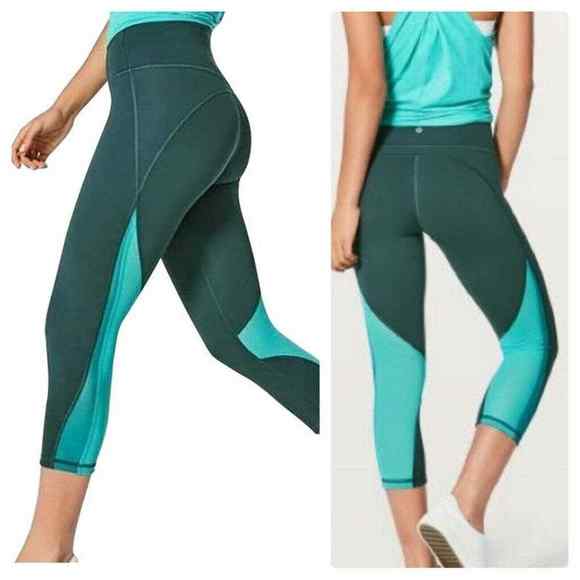 Lululemon High Rise Mix and Mesh Crop Colorblock Teal‎ Green Leggings Size 4 - Picture 1 of 4